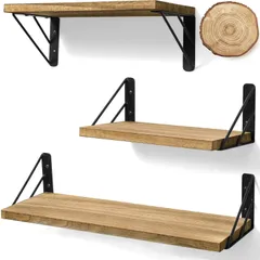 大人気　天然木製 ウォールラック おしゃれ 飾り棚 ラック 棚 幅42cm 壁 ランドリールーム/キッチン/洗面所/オフィス/寝室 3個セット 取付説明書付き 壁掛け棚 ライトブラウン ウォールシェルフ