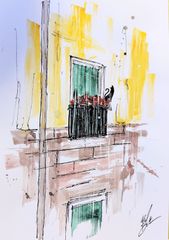 原画#412 女性画 黒猫 猫 ロサンゼルス 水彩画 ドローイング