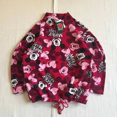 希少　dead stock　タグ付　90s　vintage　Old Disney　ヴィンテージディズニー　MICKEY UNLIMITED　ミッキーマウス　キャラクター　ロゴ総柄フリース　スウェット　モックネック　裾ドローコード　赤　一点物　Y2K　サブカル