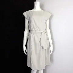 アンタイトル UNTITLED ワンピース ウエストリボン 切替 タック ひざ丈 フレンチスリーブ 半袖 M 2 ライトベージュ