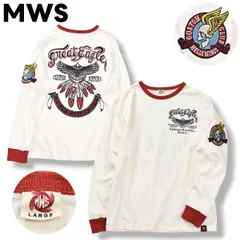日本製 エムダブルエス MWS イーグル バイカー プリント ワッペン デザイン 長袖 リンガー Tシャツ ロンT クルーネック カットソー L ホワイト x レッド アメリカン カジュアル ウェア メンズ