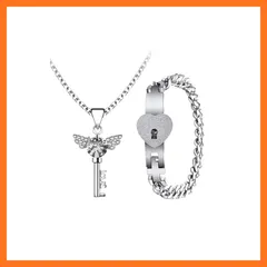 【新品】 [Flongo] 鍵＆錠 カップル アクセサリー ブレスレット ネックレス: 天使の羽 鍵ペンダント レディース ネックレス ハート 水晶 ジルコニア キューバ チェーン メンズ 腕輪 クロス＆ハート ステンレス-アクセサリー プレゼント シルバ 0