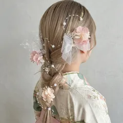 卒業式　成人式　髪飾り　袴　ヘッドドレス　ハーフアップ　金箔　編みおろし　ピンク　白　リボン　　パール　ヘアアクセサリー