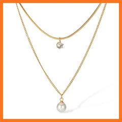 【新品】 [Deelfel] ネックレス レディース ステンレス ダブルレイヤー パール チョーカー風 キュービックジルコニア付き 重ね付け風デザイン 金属アレルギー対応 デート プレゼントに最適 1