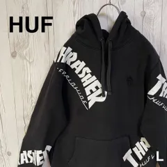 HUF ハフ × THRASHER スラッシャー コラボ スウェット フーディ パーカー Lサイズ ブラック 黒 ビッグロゴ プリント スケーターブランド ストリート系 人気モデル トレーナー メンズ 古着 カジュアル 春秋冬 定番アイテム　24-544