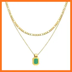 【新品】 [Rockyu] ネックレス レディース グリーン グリーン プレートネックレス ステンレス鋼 金属アレルギー対応 四角プレートペンダント グリーン 調整可能 フィガロ あずきチェーン 感謝祭 0