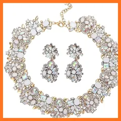 【新品】 [JeryWe] ネックレス レディース ピアス 女性 ジュエリー セット ダングル ピアス ネックレス ヴィンテージ ラインストーン ネックレス 結婚式 記念日 ファッション アクセサリー セット (ホワイト) 1