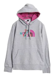 【お得なクーポン配布中!】 US企画 ノースフェイス プリント スウェット フード パーカー レディース M / アウトドア プルオーバー トレーナー 裏起毛 ツートン グレー