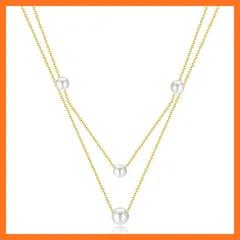 【新品】 [Rockyu Allure] ネックレス レディース パール風 ダブルチェーン ステンレス製 ゴールド＆シルバー 重ね付け 2連ネックレス 清楚 上品 アクセサリー 普段使い 誕生日プレゼント (ゴールド) 0