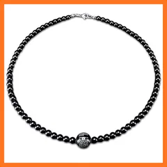 【新品】 [石街] 心経彫り 銀文字 オブシディアン 14mm 円玉 オニキス 6mm 天然石 ネックレス