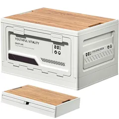 Zilnox コンテナ ボックス 折り畳み キャンプ 折りたたみコンテナ 木製の蓋付き 収納ボックス 大容量 アウトドア 収納ケース 強い耐荷重 収納 組み立て簡単 ホワイト 1個 L 幅50×奥行35×高さ28.5cm 1