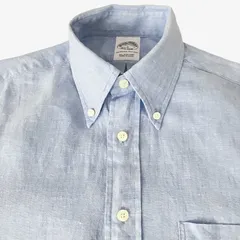【S】Brooks Brothers(ブルックスブラザーズ) 346 ポロカラーBD(ボタンダウン)シャツ  ブルー アイリッシュリネン(Irish Linen)100% ポケット付 中国製 夏用 麻シャツ メンズS相当