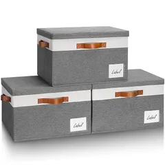 LHZK 収納ボックス 蓋付き 3点セット 折りたたみ式 収納ケース ハンドル付き 分類用ラベル 丈夫なキャンバス生地 ボックス 大容量整理用 カラーボックス (大きい-蓋付き, 蓋付き - グレー/ホワイト) 0
