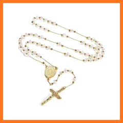 【新品】 [FaithHeart] ロザリオ ネックレス レディース メンズ 聖母マリア クロス 十字架 y字 ロングネックレス キリスト ステンレス製 クリスタルAB（チェーンのカラー：ゴールド） 1