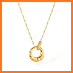 【新品】 [Rockyu Allure] ネックレス レディース ゴールド ステンレス サークルペンダント ジルコニア付き ダブルリングデザイン おしゃれ シンプル 金属アレルギー対応 ギフトにも最適 0