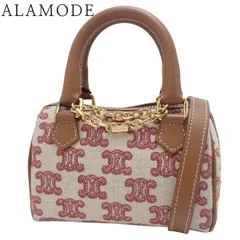 CELINE(セリーヌ) マカダム ミニボストンバッグ ショルダーバッグ トリオンフ キャンバス レザー ベージュ ブラウン茶 レッド 赤 ゴールド金具 レディース 40802176136【中古】【アラモード】