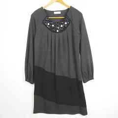 エスプリミュール ESPRITMUR ワンピース 長袖 膝下丈 ストレッチ レーヨン M チャコール ブラック ビジュー kz11594