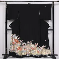 黒留袖 五つ紋 片喰 身丈161cm 裄丈65.5cm Sランク 正絹 袷 比翼 広衿 L 作家物 落款 牡丹 扇 菊 京友禅 フォーマル 黒系 1211-F0308