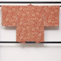 羽織 袷 身丈77cm 裄丈62cm 正絹 Sランク Sサイズ カジュアル 紐あり 唐草 菊 朱系 茶系 1217-06159