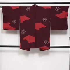 未使用品 羽織 袷 身丈83cm 裄丈64cm 正絹 Aランク Mサイズ カジュアル 紋意匠 よろけ縞 雲取り 紅葉 しつけ糸 茶系 赤系 1217-06178