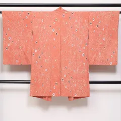 羽織 袷 身丈95cm 裄丈64cm 正絹 Bランク Mサイズ カジュアル 紐あり 創作柄 ピンク系 朱系 1217-06199