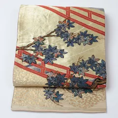 アンティーク 丸帯 帯丈408cm 全通 唐織 古典柄 橋 波 紅葉 フォーマル 金系 正絹 Bランク 1223-00582