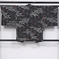 羽織（総絞り） 袷 身丈82cm 裄丈62cm 正絹 Sランク Sサイズ カジュアル 紐あり 麻の葉 黒系 1217-10274