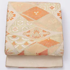 アンティーク 丸帯 帯丈400cm 全通 向い鶴 菊菱 七宝 フォーマル クリーム系 正絹 Cランク 1223-00894