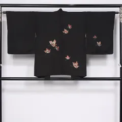 羽織 身丈76cm 裄丈62.5cm S 正絹 Bランク 袷 黒羽織 紐あり 金駒刺<!-利用不可文字-!> 蝶 1217-11135