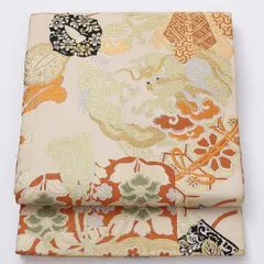 アンティーク 丸帯 帯丈400cm 全通 龍 吉祥文様 フォーマル 金系 正絹 Cランク 1223-00896