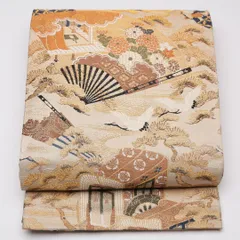 アンティーク 丸帯 帯丈396cm 全通 御所解 御所車 松 鶴 フォーマル クリーム系 正絹 Sランク 1223-01143