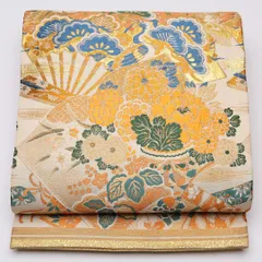 アンティーク 丸帯 帯丈392cm 全通 鶴 笠松 菊 扇 吉祥文様 フォーマル 金系 正絹 Aランク 1223-01145