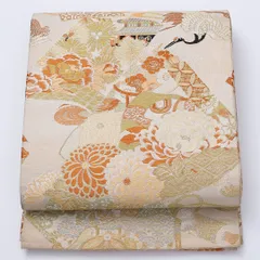 アンティーク 丸帯 帯丈408cm 全通 鶴 牡丹 菊 楼閣 吉祥文様 フォーマル クリーム系 正絹 Cランク 1223-00907