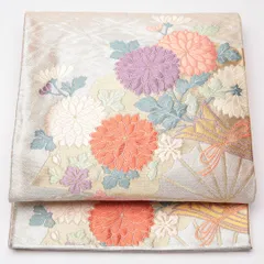 袋帯 帯丈434cm 六通 牡丹 菊 扇 フォーマル 銀系 正絹 Aランク 1223-01312