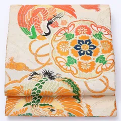 アンティーク 丸帯 帯丈384cm 全通 唐織 花喰い鳥 雪輪 フォーマル クリーム系 正絹 Cランク 1223-00922