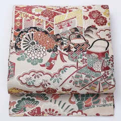 アンティーク 丸帯 帯丈376cm 全通 御所車 鳳凰 フォーマル クリーム系 正絹 Aランク 1223-00943