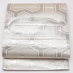 袋帯 帯丈428cm 六通 毘沙門亀甲 セミフォーマル 銀系 正絹 Aランク 1223-01173