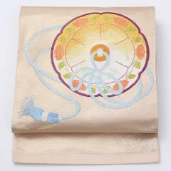 袋帯 帯丈412cm ポイント柄 引箔 雪輪 組紐 セミフォーマル クリーム系 正絹 Aランク 1223-00969