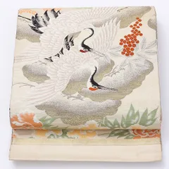 アンティーク 丸帯 帯丈400cm 全通 鶴 牡丹 菊 フォーマル クリーム系 正絹 Bランク 1223-00986