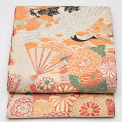 アンティーク 丸帯 帯丈392cm 全通 鶴 菊 扇 金系 フォーマル クリーム系 正絹 Aランク 1223-01188