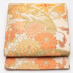 アンティーク 丸帯 帯丈388cm 全通 菊 波頭 組紐 フォーマル クリーム系 正絹 Cランク 1223-01193