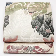 アンティーク 丸帯 帯丈344cm 全通 鶴 楼閣 フォーマル クリーム系 正絹 Aランク 1223-01194