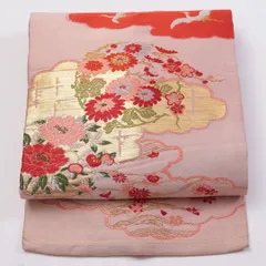 アンティーク 名古屋帯 帯丈322cm 六通 名古屋仕立て Cランク セミフォーマル 鶴 菊 雲取 正絹 ピンク系 1224-00882