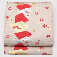 アンティーク 名古屋帯 帯丈325cm Cランク 開き仕立て 全通 正絹 梅梅 セミフォーマル クリーム系 1224-01539