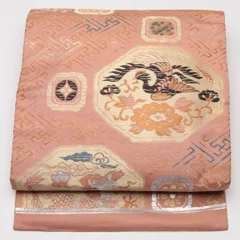 アンティーク 名古屋帯 帯丈337cm Aランク 名古屋仕立て 六通 正絹 花喰い鳥 蜀江 紗綾形 セミフォーマル ピンク系 1224-01557