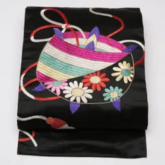 アンティーク 名古屋帯 帯丈358cm Dランク 名古屋仕立て ポイント柄 正絹 宝尽くし 作家物 セミフォーマル 落款 黒系 1224-01567