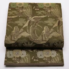 アンティーク 丸帯 帯丈388cm Bランク 全通 正絹 孔雀 菊 笹 竹 雲 アンティーク 緑系 孔雀 1223-01364