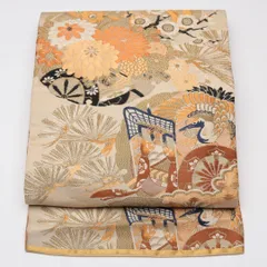 アンティーク 名古屋帯 帯丈339cm Cランク 名古屋仕立て 全通 正絹 花車 鶴 セミフォーマル クリーム系 1224-01572