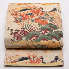 アンティーク 丸帯 帯丈368cm Aランク 全通 正絹 鶴 アンティーク クリーム系 鶴 松竹梅 1223-01371