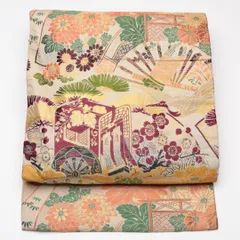 アンティーク 名古屋帯 帯丈333cm Cランク 名古屋仕立て 全通 正絹 御所車 鶴 牡丹 吉祥文様 セミフォーマル クリーム系 1224-01586